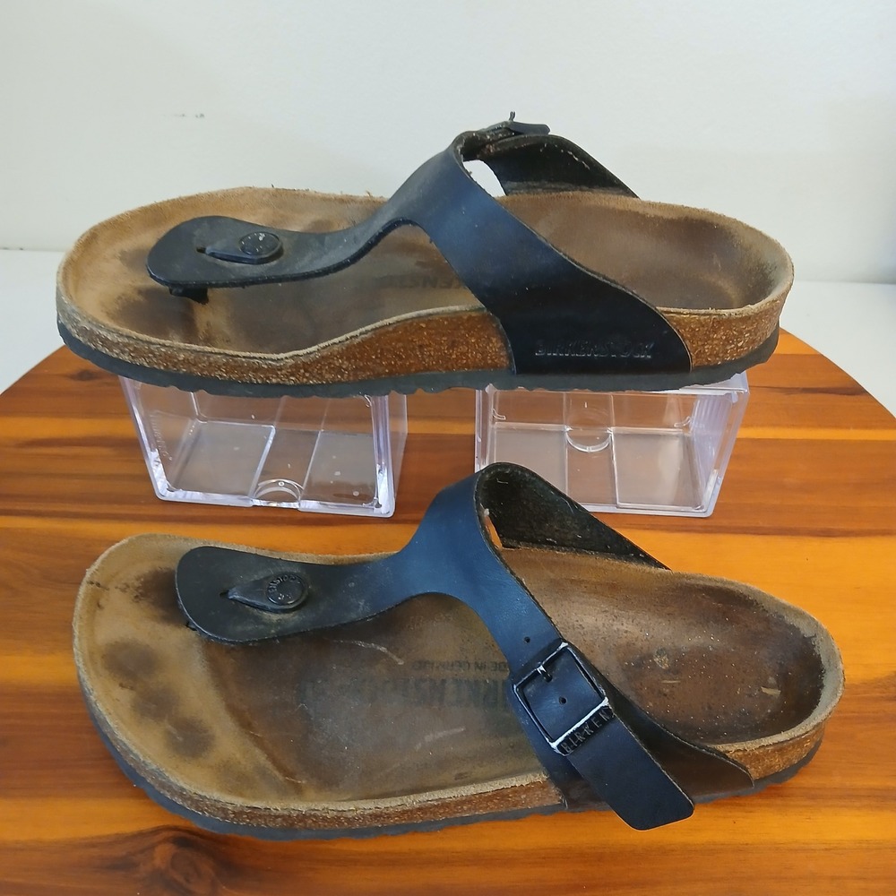 Birkenstock Gizeh Sandals Womens 38 Black Birko-Flor Thong Cork Footbed